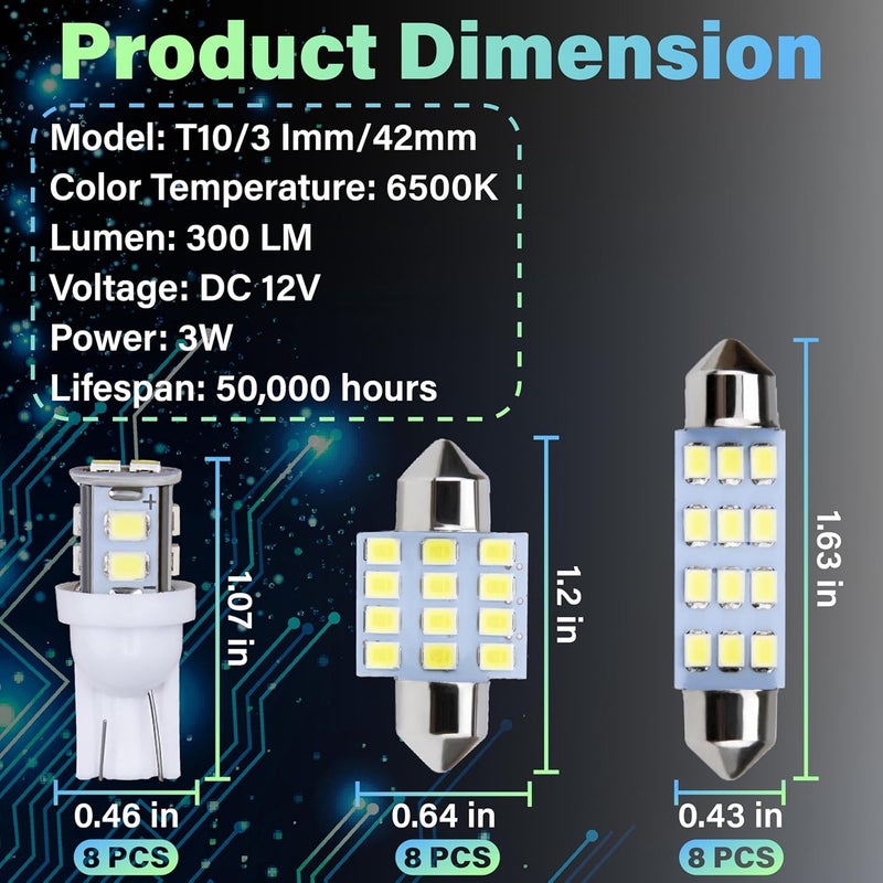 ecocstm 24 قطعة أضواء سقف LED داخلية للسيارات، 194 T10 DE3175 578 31mm 42mm أضواء LED للسيارة، ملحقات للسيارة لخرائط السيارة، لوحة الترخيص، ضوء الباب، علامة جانبية، ضوء الزاوية، ضوء الصندوق (أبيض) - Image 2